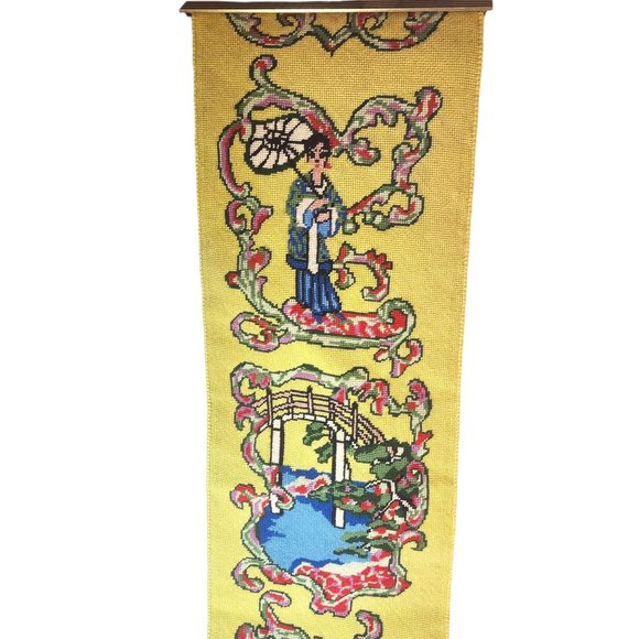 Vintage MCM Mid Century Modern Asian Inspired Needlepoint Wall Tapestry Hanging - Picture 7 of 14
